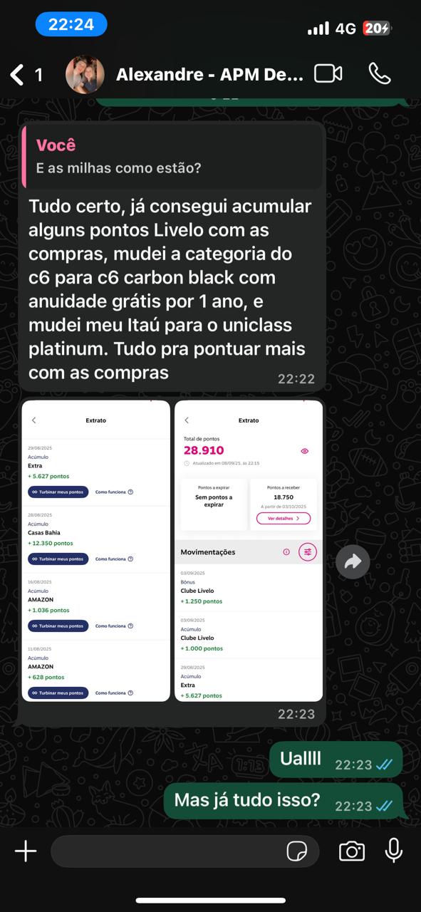Mensagem de Alexandre contando que já acumulou pontos