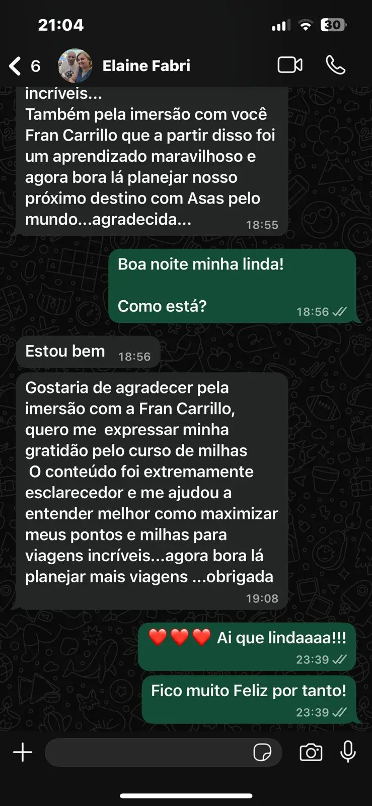 Mensagem de Elaine Fabri agradecendo pela imersão