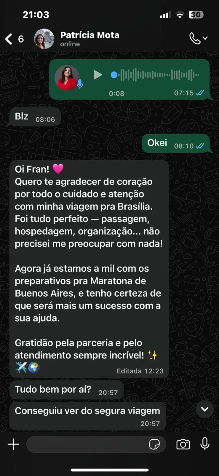 Mensagem de Patrícia Mota agradecendo pela viagem a Brasília