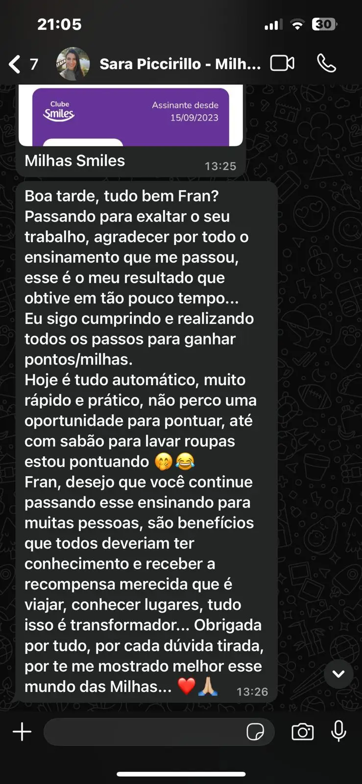 Mensagem de Sara Piccirillo sobre os resultados com milhas